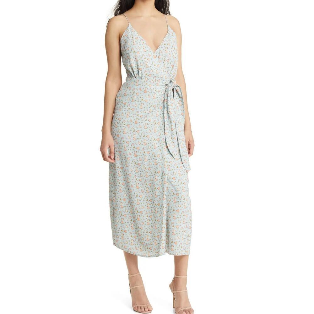WAYF Electric Dress Floral Sleeveless Wrap Midi Cottagecore Blue Ditsy NWT XS